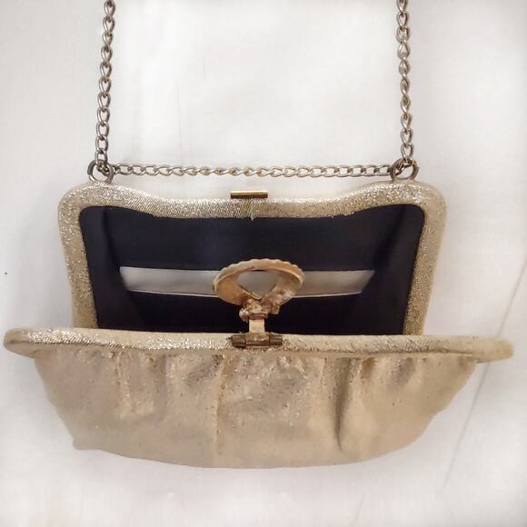 Gold Lame' Evening Bag Vintage Mini Shoulder Bag Clutch Glamour Metallic Simple - Picture 13 of 13